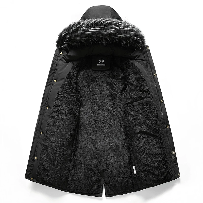 New Winter Fleece Men Parkas Jacket Long Hooded Fur Collar Windproof Coats Thick Warm Cotton Coat Mens Jackets Windbreaker Parka