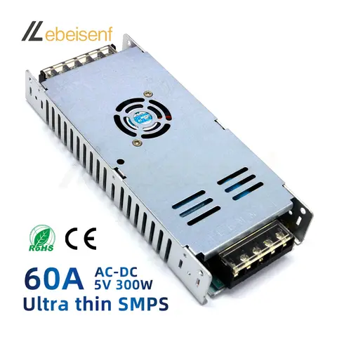 Alimentation switchée AC-DC 5V 60A 300W pour écrans LED couleur/OLED/LCD, 170-250V, aluminium ultra-mince ventilé, haute efficacité, durable, bruit faible, protection anti-surcharge, simple à installer