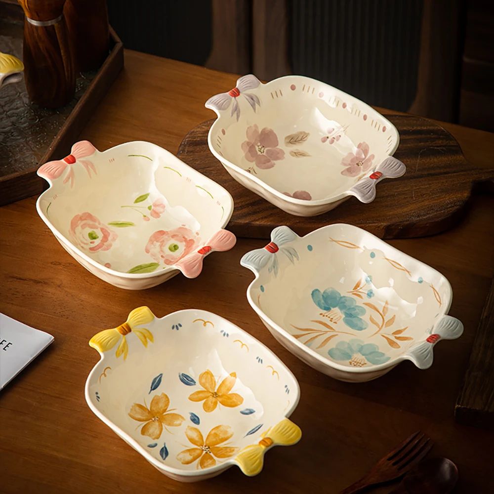 Chic Under-glaze Under-glaze Ceramic Plate with Double Handles Air Fryer Microwave Oven Safe Multi-use Plates Kitchen Dinnerware