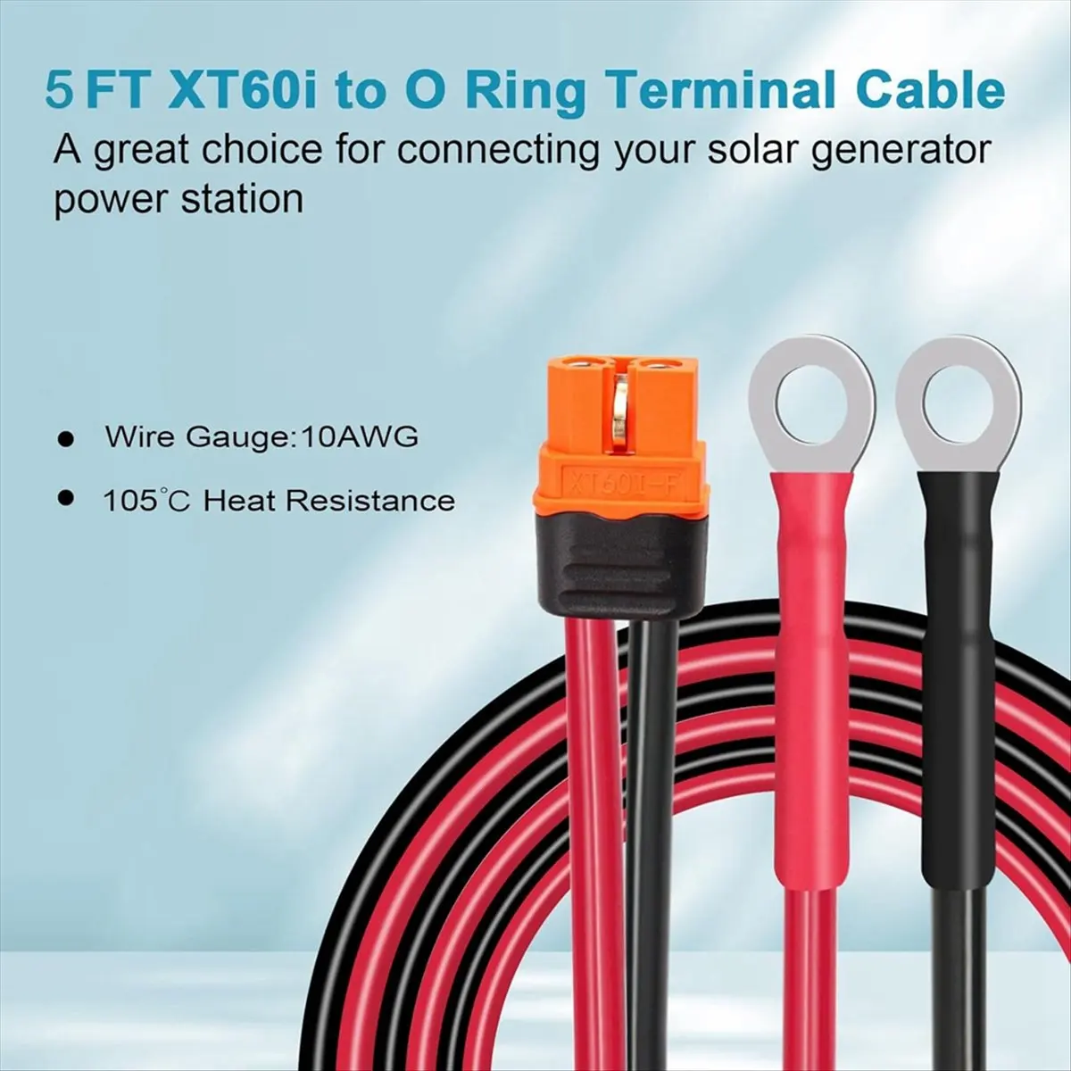 A78I XT60i to O Ring Terminal Cable 10AWG Female to O Ring Connector XT60i Extension Cable for Power Station Solar Generators