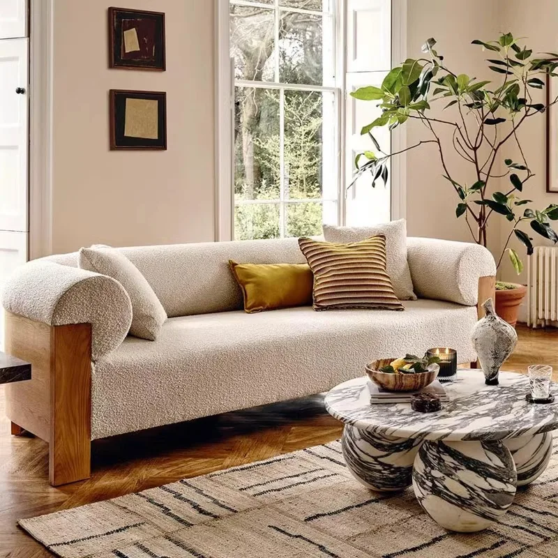 Medieval cream log sofa Japanese lamb wool simple small apartment, three-person homestay hotel sofa