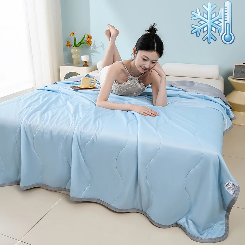 Solid Color Ice Silk Cooling Blanket Summer Breathable Air Conditioner Quilt Double-Sided Cold Comforter For Single Double Bed
