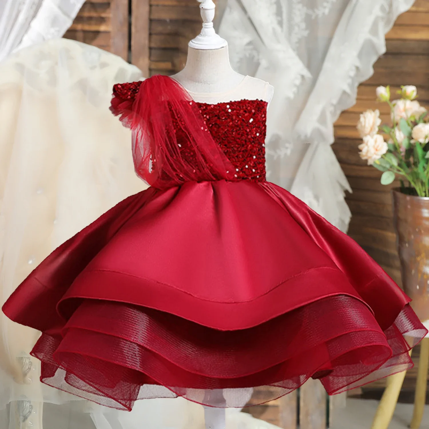Girls One Shoulder Sequin Bodice Layered Tulle Ball Gown Elegant Design For Formal Occasions Flower Girl Dresses Birthday Celebr