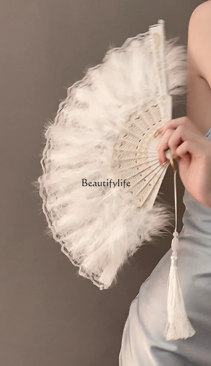 

Ancient Style Feather Fan Cheongsam Women's Catwalk Folding Fan