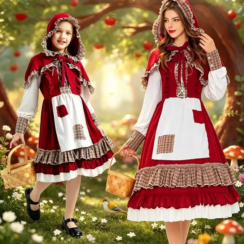 

Storybook Country Girl Red Hood Cosplay Costume Velvet Cape Lace Up Corset Layered Petticoat Set For Women Halloween Performance