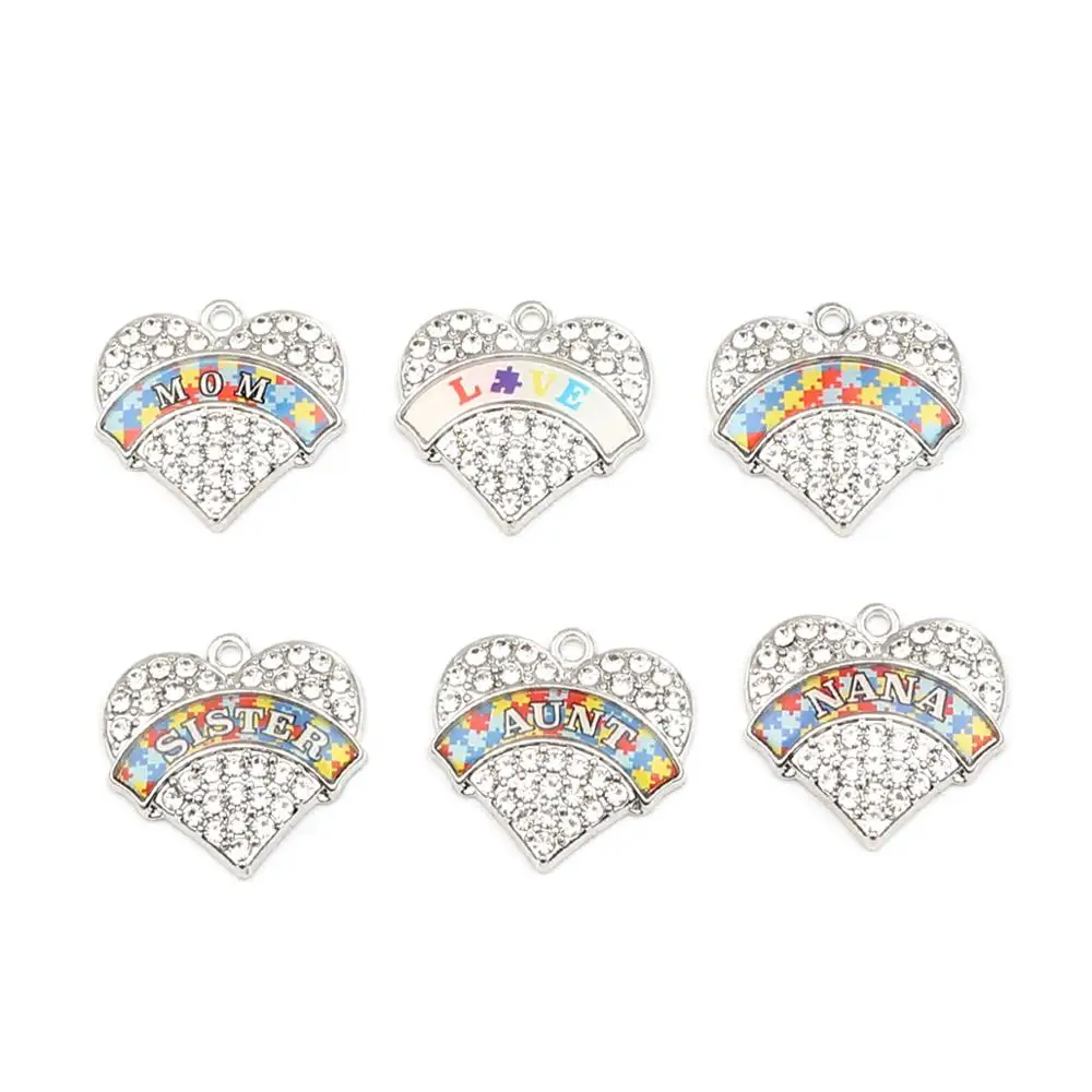 Autism Awareness Puzzle Series Medical Heart Pendant Jewelry Making Charms Silver Color Jigsaw Message Enamel Clear Rhinestone