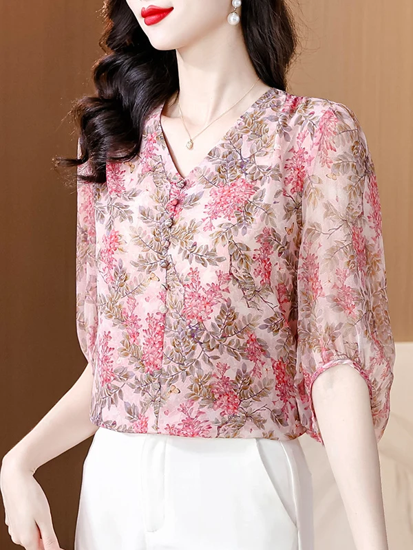 قميص شيفون مطبوع عليه زهور موضة نسائية صيفية جديدة برقبة على شكل حرف v وأكمام قصيرة بلوزة جميلة على الطراز الكوري فضفاضة ومطبوعة #1