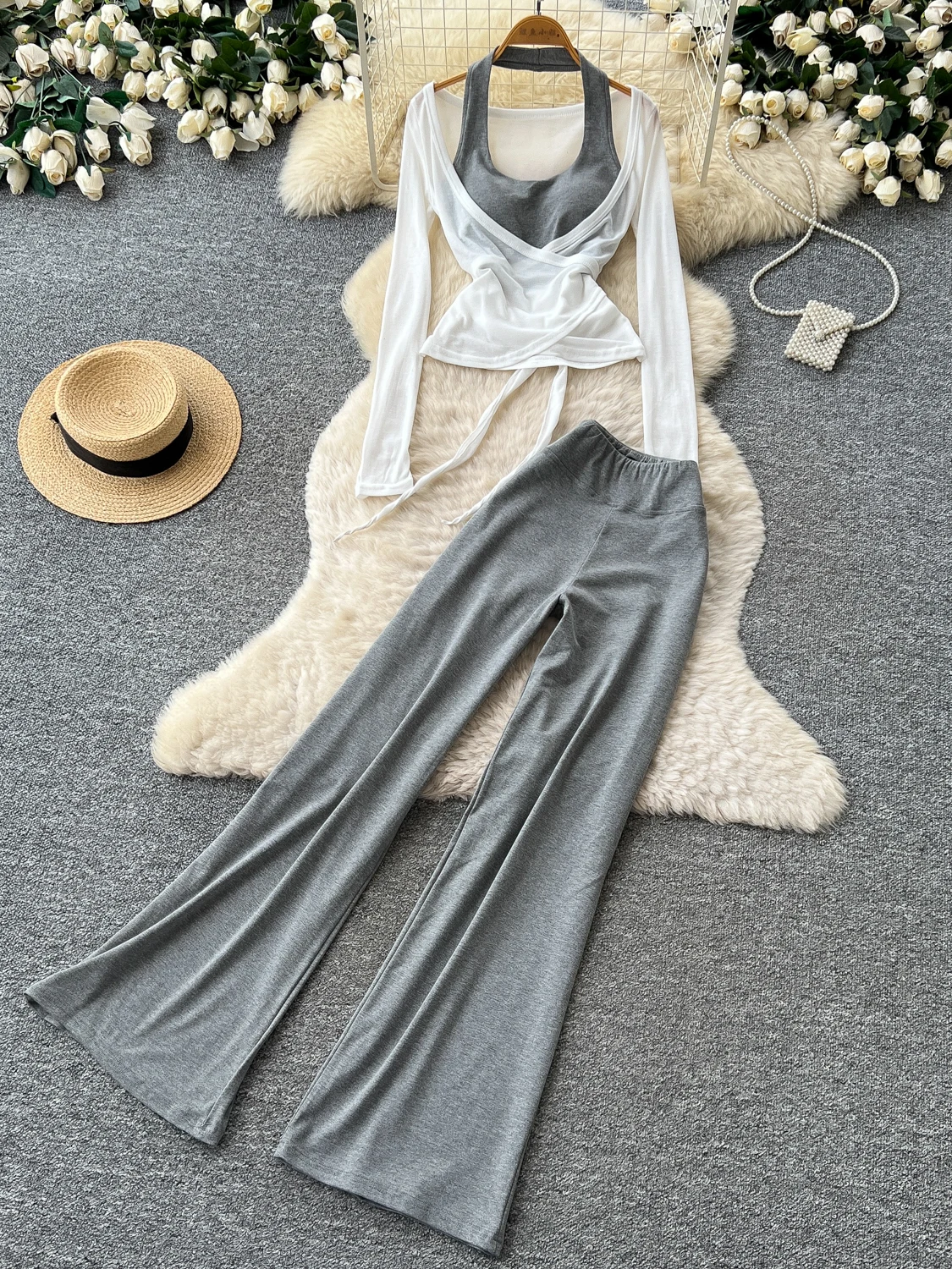 Slimming Commute Style Three Piece Set Women's Thin Shirt Neck Hanging Vest High Waist Bell Bottoms Fashionable Autumn Outfit
