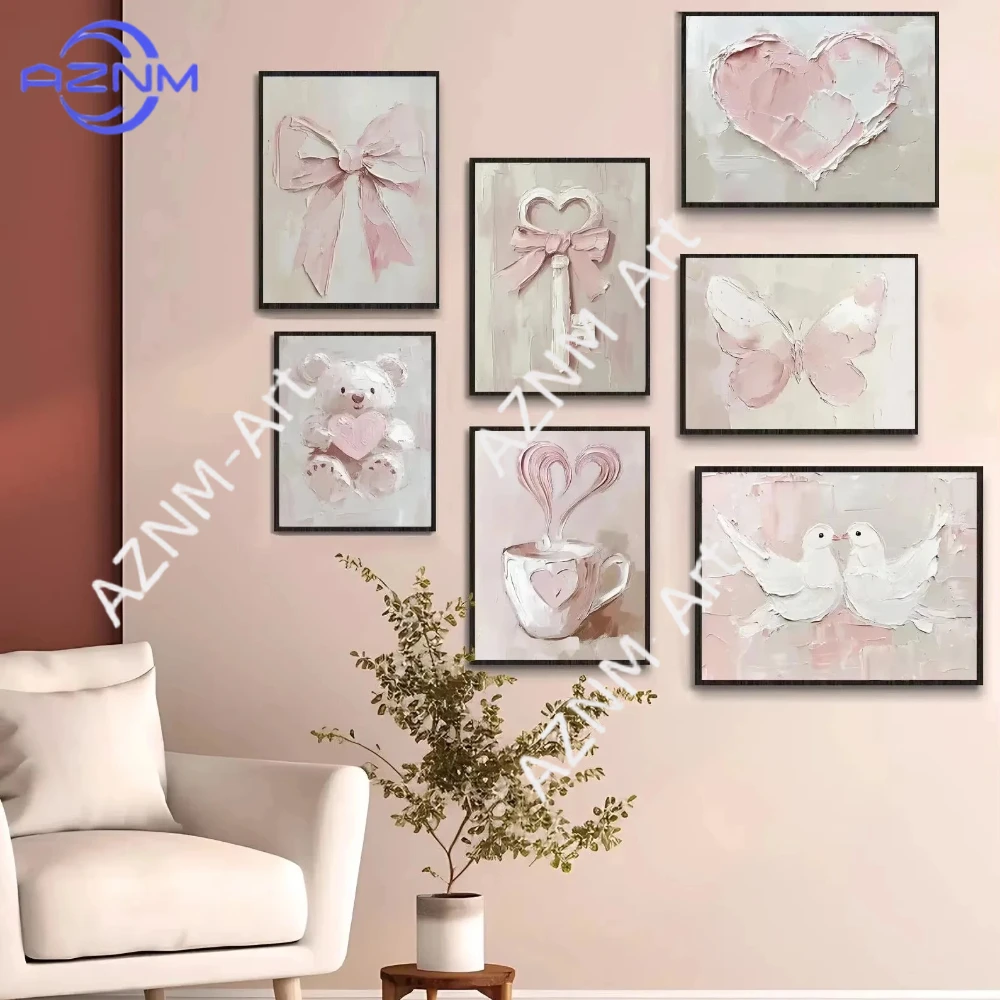 1pc Pink Girl Heart Retro Aesthetic Canvas Painting Little Bear Bow Love Butterfly Cupid Poster Home Room Decoration