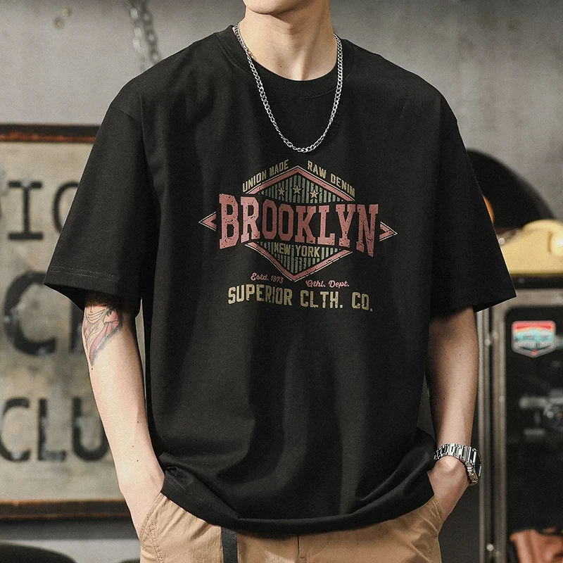 American Retro Brooklyn Print T Shirt Polyester Oversized Loose O Neck Tees For Men Vintage Street Style Short Sleeve Y2k Tops