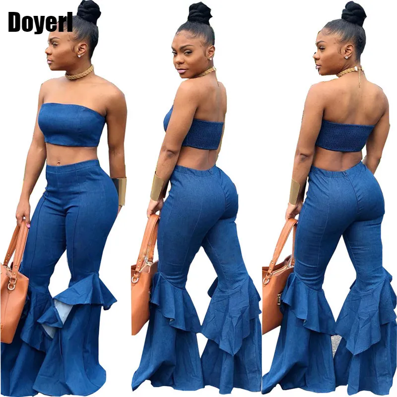 

Denim Two Piece Set Summer Strapless Crop Top and Bell Bottom Jeans Flare Pant Suit Matching Sets Outfits Sexy 2 Piece Set Women