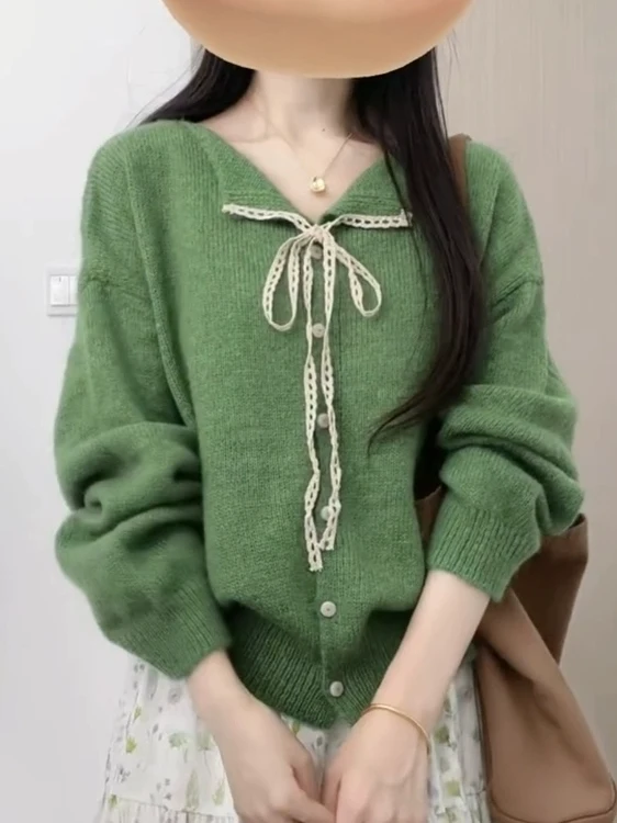 

Осенний вязаный кардиган Aosphere с кружевным воротником-узлом, женская повседневная верхняя одежда, свитер-жакет свободного кроя из мягкой ткани, длинный рукав