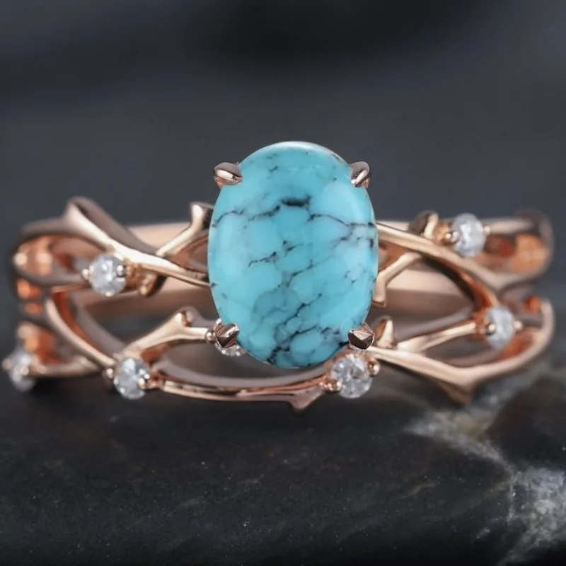 

New rose gold inlaid blue turquoise ring, retro cross branch simple pair ring women's model