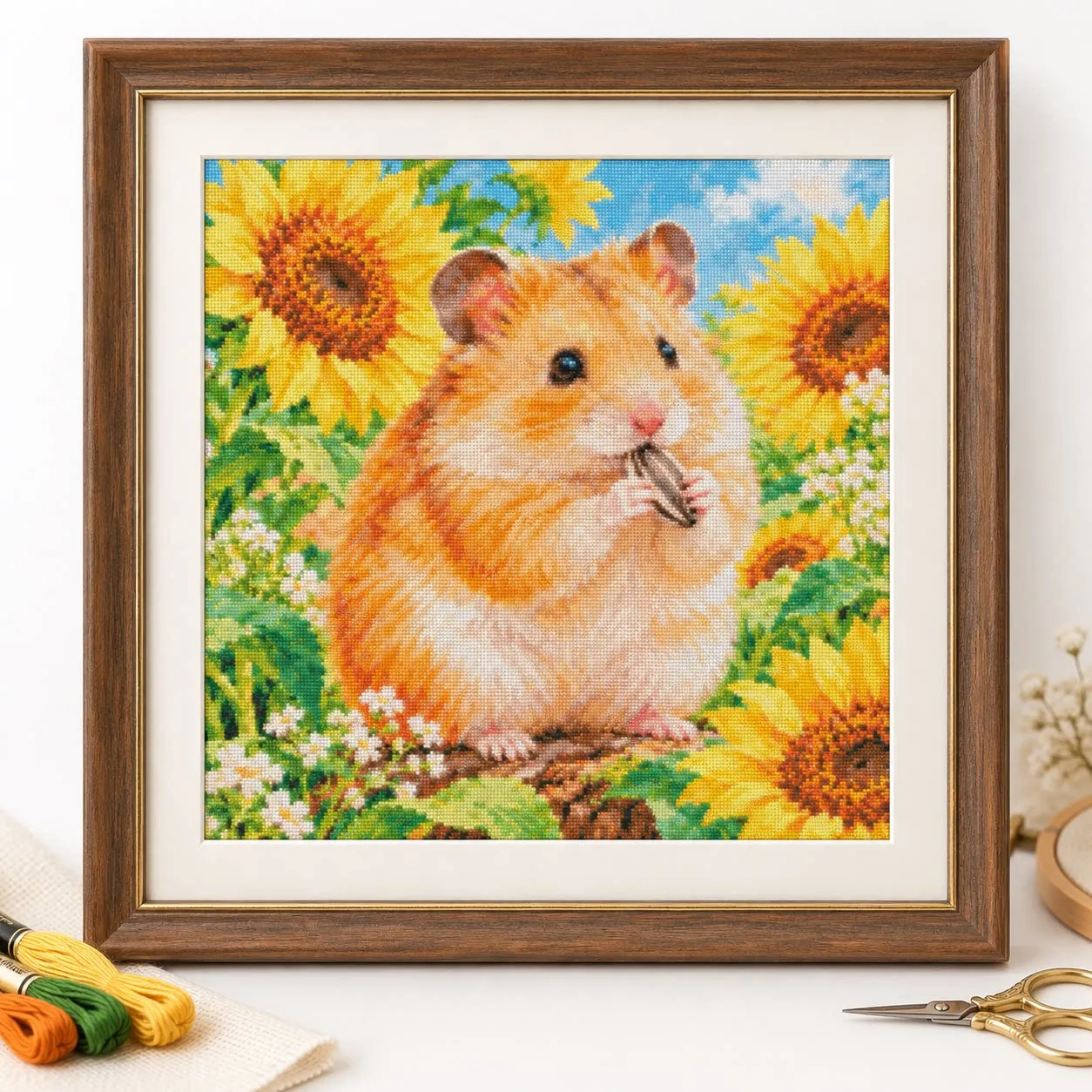 [CC6543-Sunflower Hamster]11CT 14CT 16CT DIY Stamped Cross Stitch Kit with Printed Canvas and Cotton Threads Embroidery