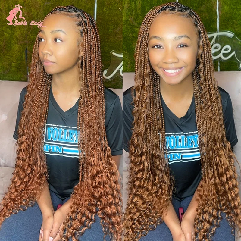 36” Synthetic Lace Wigs Boho Knotless Box Braided Wigs 613 Blonde Curly Goddess Bohemian Locs Transparent Full Lace Braid Wigs