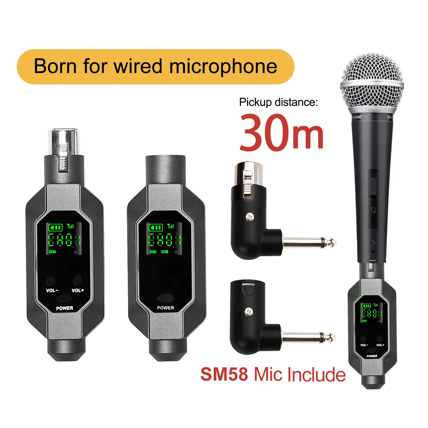 Wireless Microphone Converter XLR Transmitter and Receiver System for Dynamic Microphone including 1 Wired mic