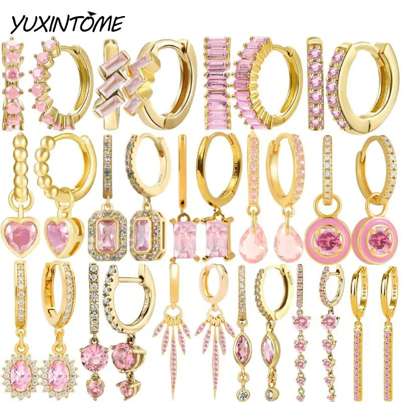 

925 sterling Silver Ear Needle Sweet and Romantic Pink Series Zircon Earrings Women's Geometric Hoop Earrings Exquisite Jewelry