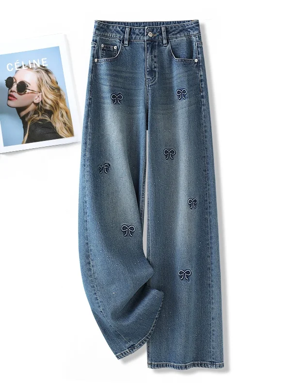

High Waist Wide Leg Embroidered Denim Jeans Women's Spring Autumn New Sle Slimming Drapey Floral Straight Leg Pants