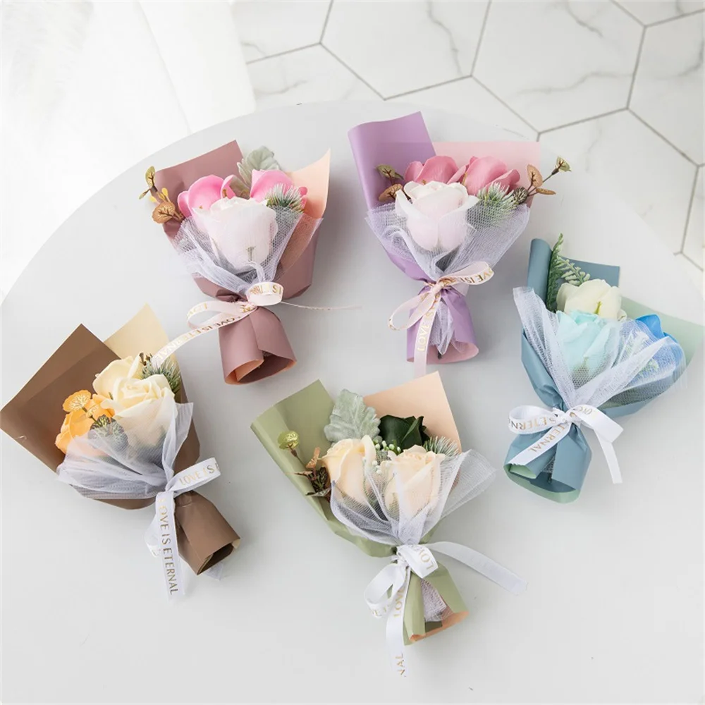 3 Heads Soap Rose Bouquet Valentines Day Gift For Friends Wedding Bouquet Home Decor Rose Flower Bouquet Wedding Party Gift 2024