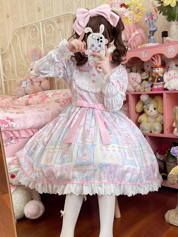 KIMOKOKM Kawaii Princess Sweet Lolita Ruffles Dress Peter Pan Collar Bow Puff Sleeve Girly Sweetheart Rabbit Printing Loli Dress images - 6