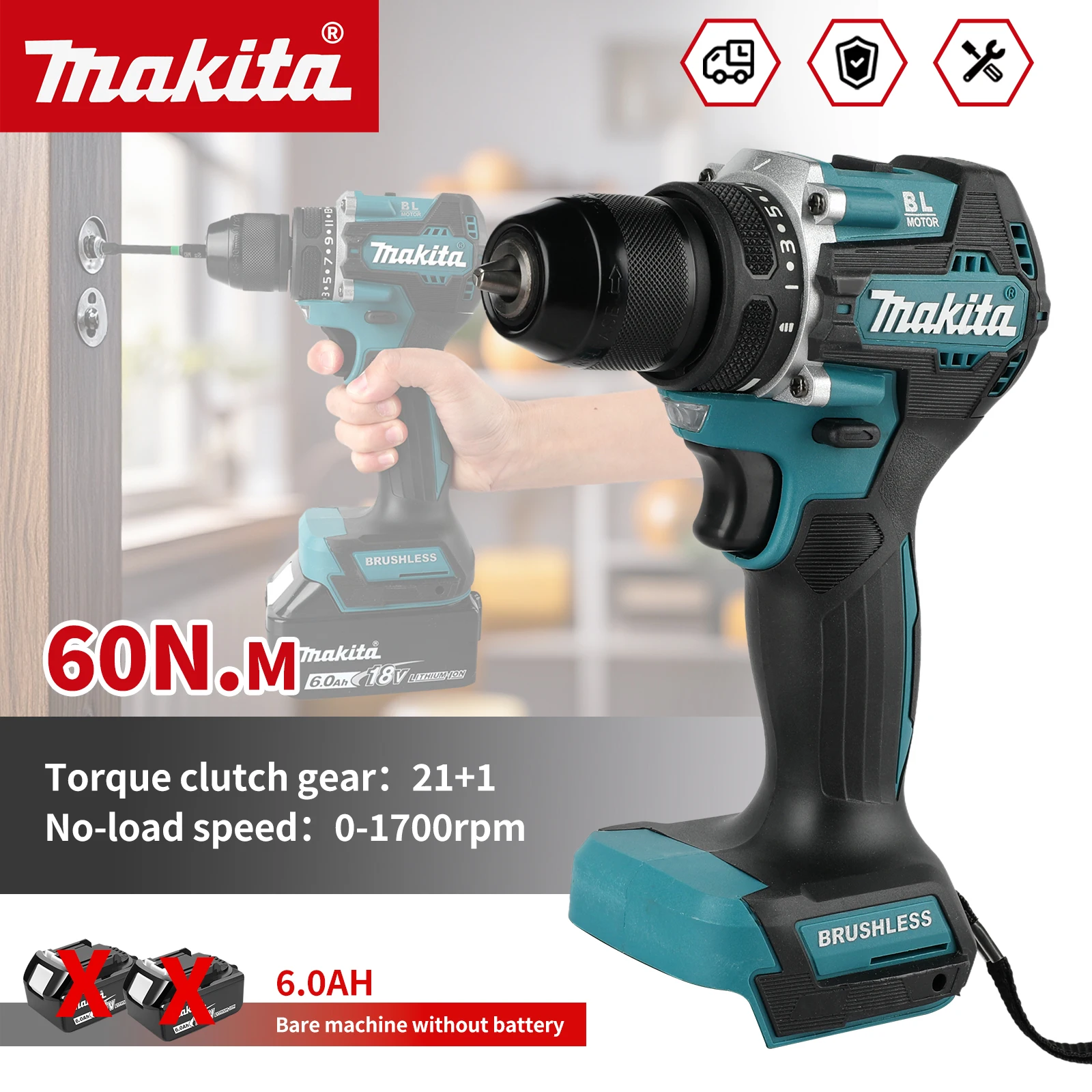Makita DDF487-10 18V Brushless Drill Bare Tool 60Nm Torque 13mm Chuck Pure Copper Motor For Heavy Duty Work tools
