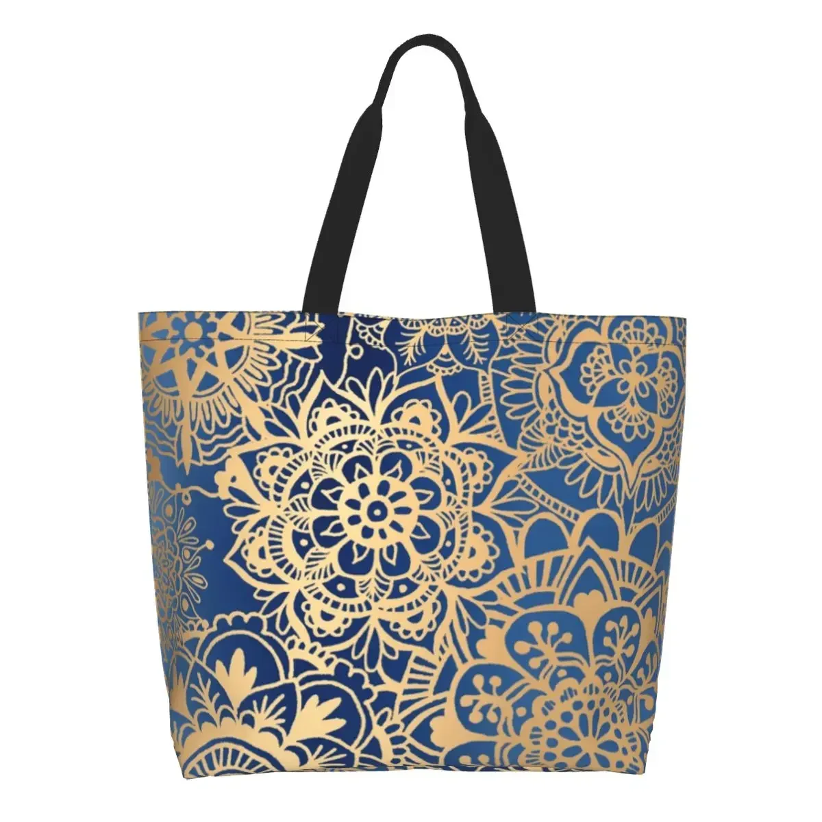 

Kawaii Print Blue Gold Mandala Tote Shopping Bag Portable Canvas Shopper Shoulder Buddhism Flower Handbag