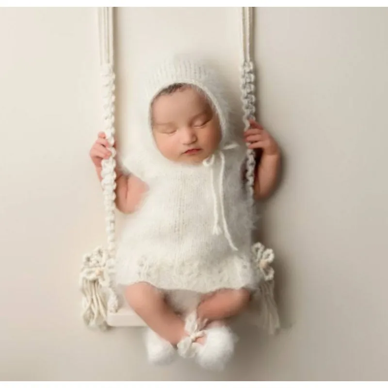 Children’s Newborn Photography Assistance Props-European & American Style Hand-Woven Hammock White Baby Crib for Studio Shooting