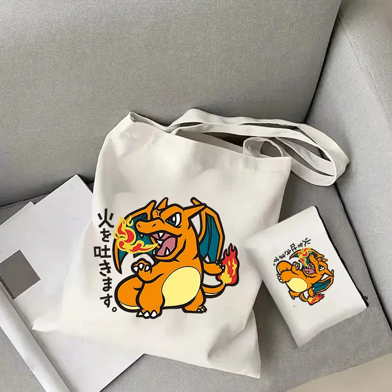 

Pokémon Charizard Large Capacity Tote Bag Casual and Portable Shoulder Bag Lightweight Shopping Bag Large Reusable Canvas Bag