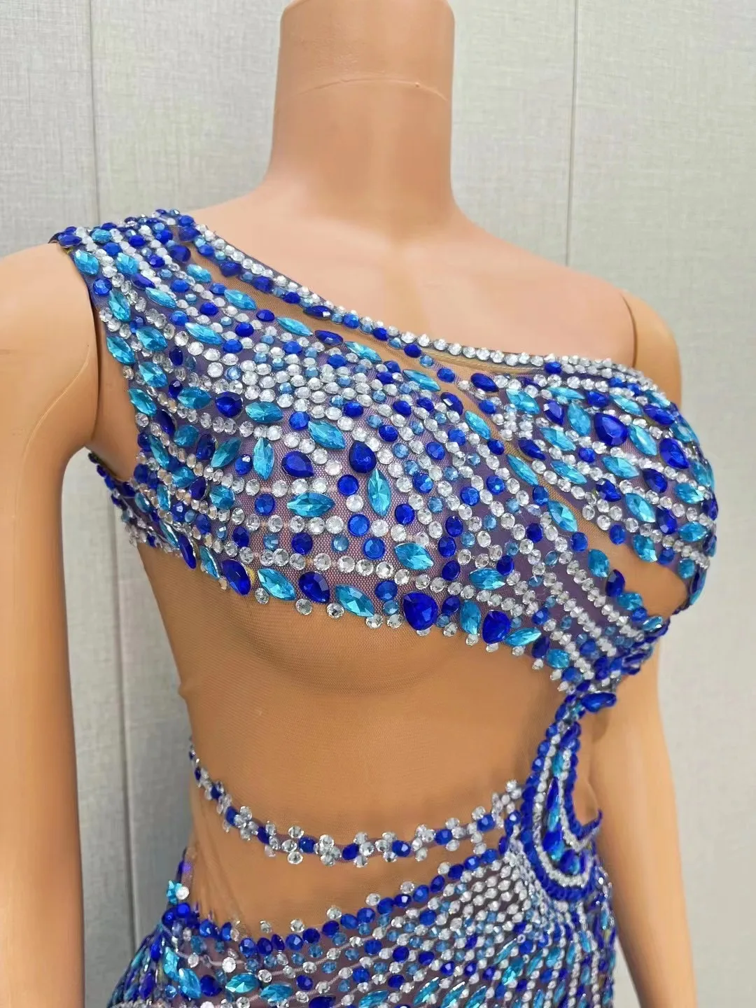 Sexy Stage Flashing Blue Silver Rhinestones Birthday Celebrate Transparent See Through Dress Mesh Costume Photoshoot Outfit