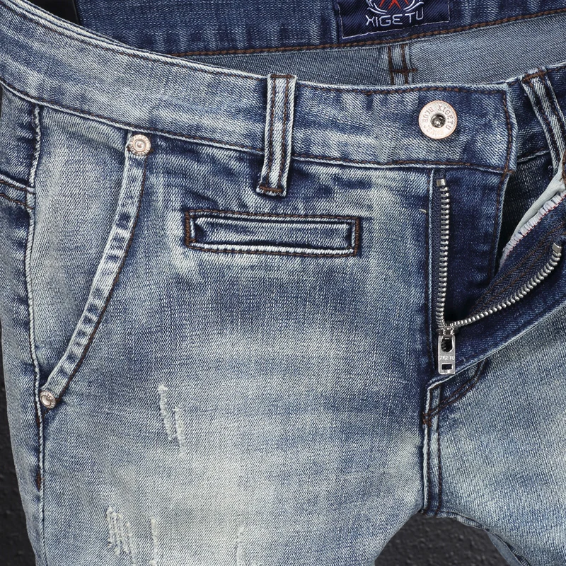 Fashion Designer Men Jeans Retro Blue Stretch Slim Fit Embroidery Hole Ripped Jeans Men Trousers Printed Vintage Pants Hombre