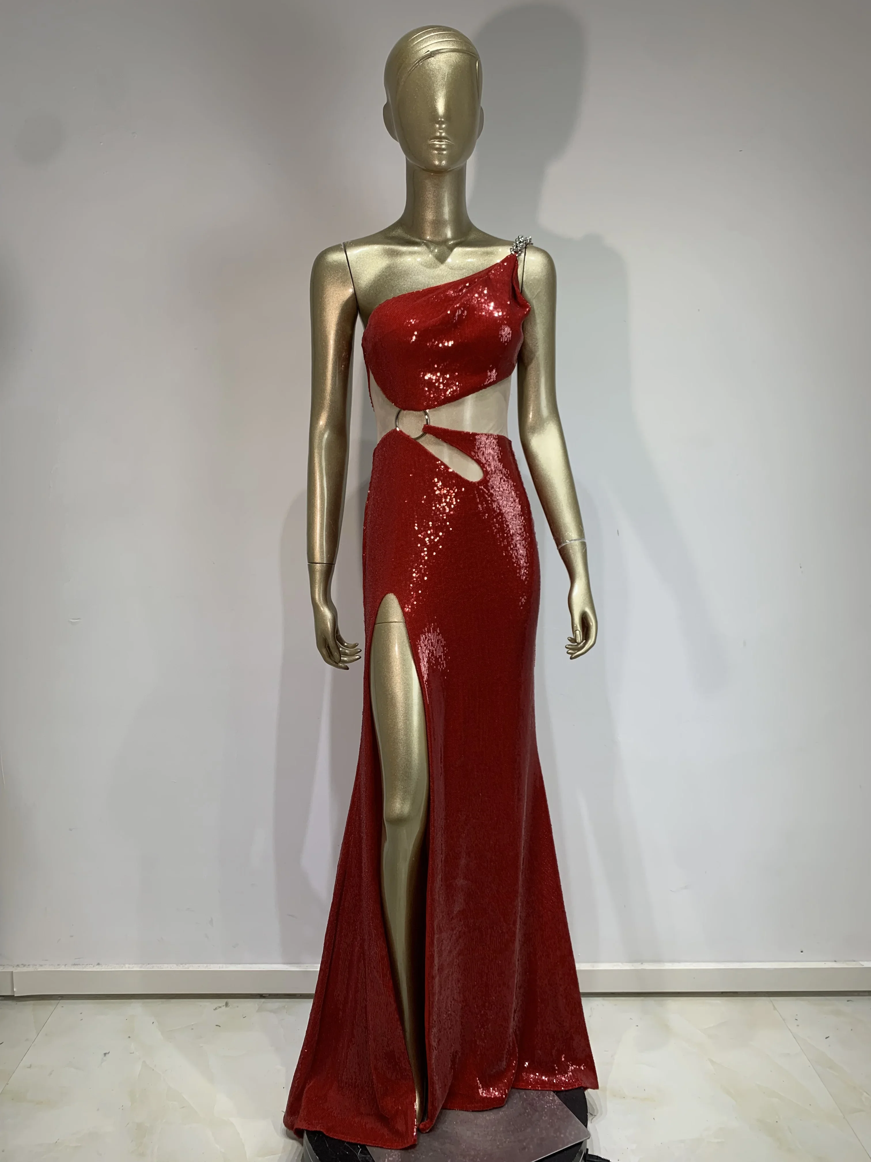 Women Red Party Dress Luxury One Shoulder Cut Out Sequines Glitter Maxi Long Birthday Celebrity Evening Club Gowns Gala Dress