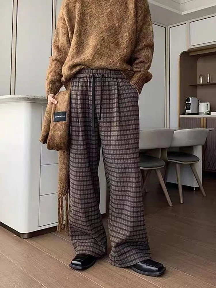 Men's Retro Checkered Pattern Casual Suit Pants Commuter Style Spring Cool Cowboy Trousers Male High Waisted Wide Leg Sweatpants