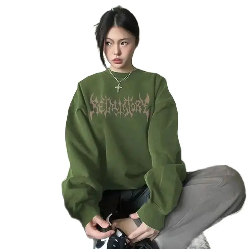 Sweatshirt Long-Sleeved High-End Butterfly Print American Style Lazy Green Women'S Spring And Autumn New Popular Sweatshirt