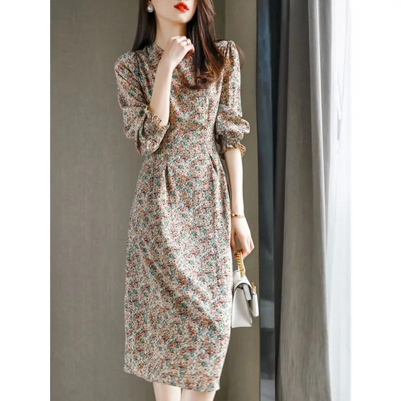 French Floral Spring New Style Slim Slimming with Base Printed Minimalist Campanula Early Spring Skirt Long Sleeves Dresses