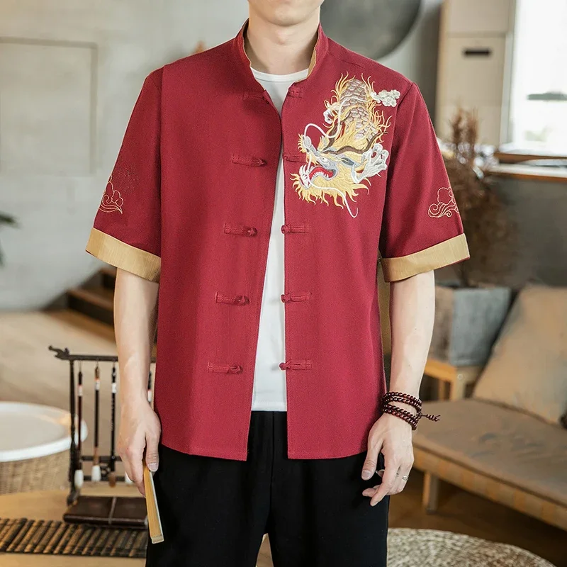 Men's Golden Dragon Xiangyun Embroidered Short Sleeve Shirt Men's Contrast Color Retro Stand Collar Single Breasted Casual Top