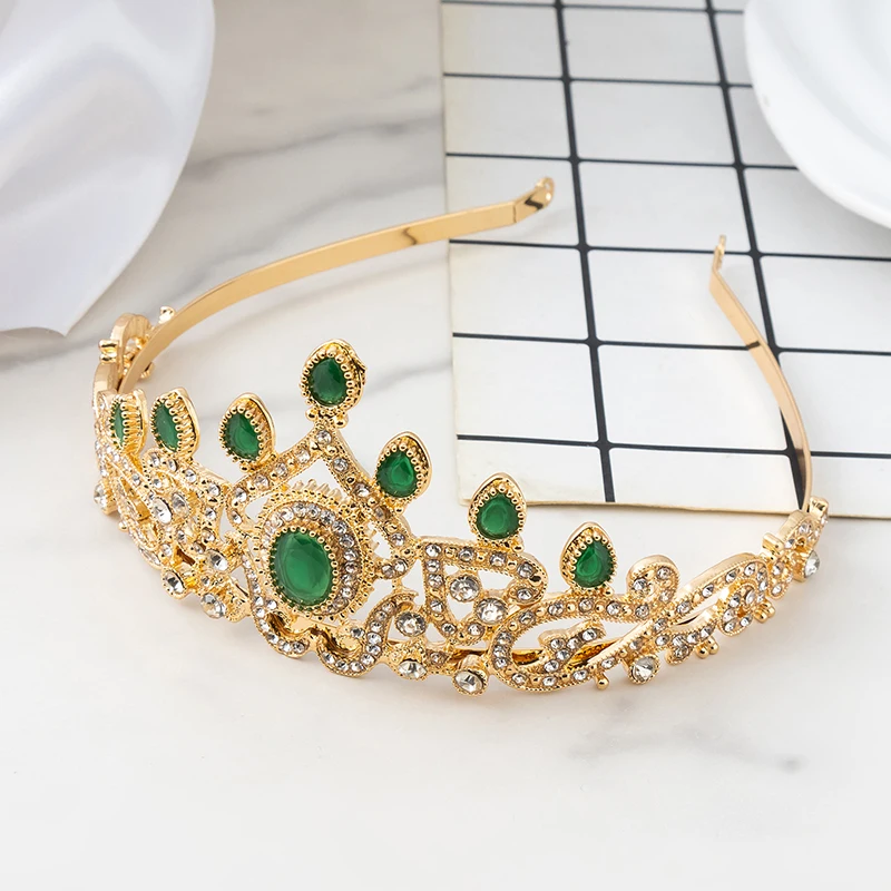 

Luxury Golden Bridal Tiara Rhinestone Colored Gem Inlay Elegant Wedding Crown For Middle Eastern Brides