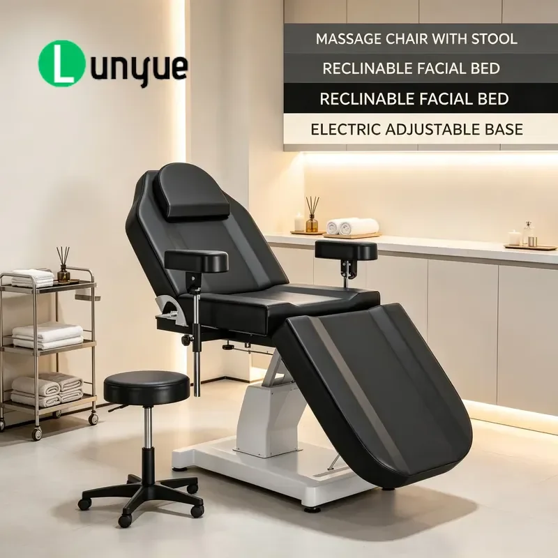 Hydraulic Adjustable Black Facial Massage Bed Split Leg Design with Roller Stools Armrests Headrest for Beauty Tattoo