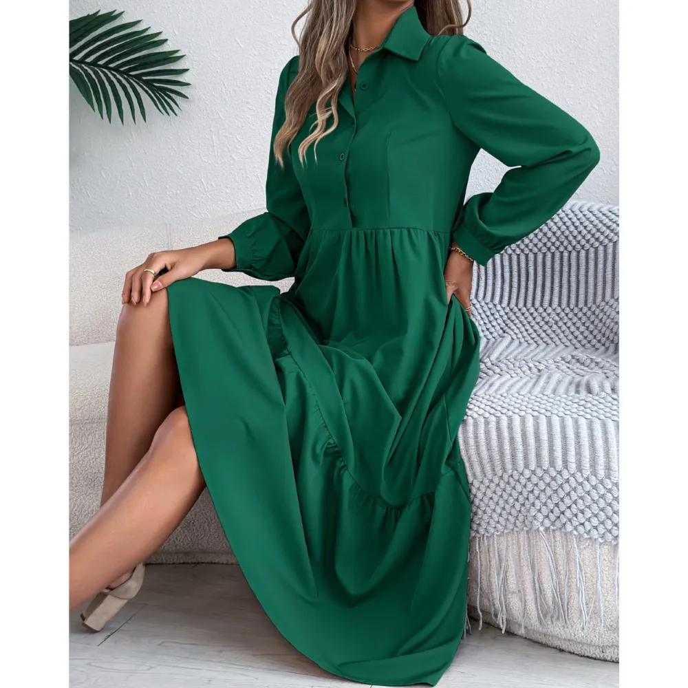 Elegant ปุ่ม Big Swing ชุดผู้หญิงฤดูใบไม้ร่วงฤดูหนาว 2025 ลําลองหลวมคอยาวแขนยาว Ruffled Patchwork เสื้อชุด