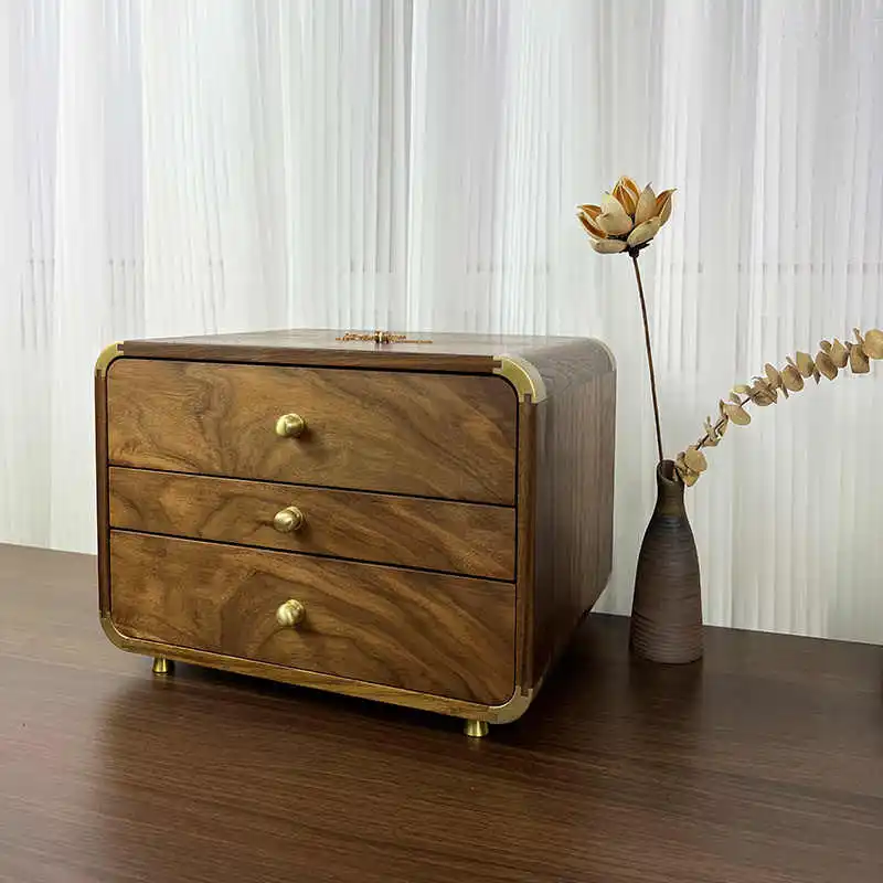 Black walnut drawer cabinet desktop three-layer drawer Wenwan storage box