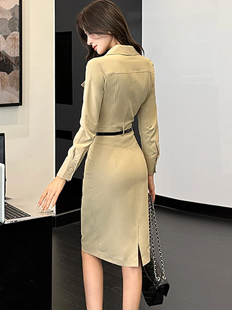2025 جديد الصلبة طويلة الأكمام بولو طوق قميص فستان المرأة أنيقة Bodycon مكتب سيدة فستان الخريف الشتاء الكورية شيك فستان الحفلات #4
