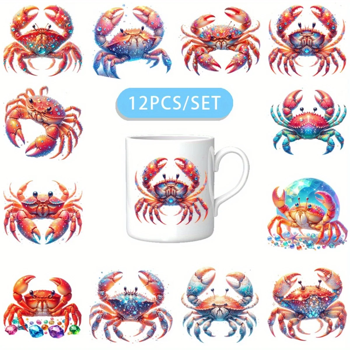 

12PCS/SET Beach Diamond Crab DIY Light Beigeny Tumblers Wrap Decorative Transfer Paper UV DTF High Self-adhensive Wraps
