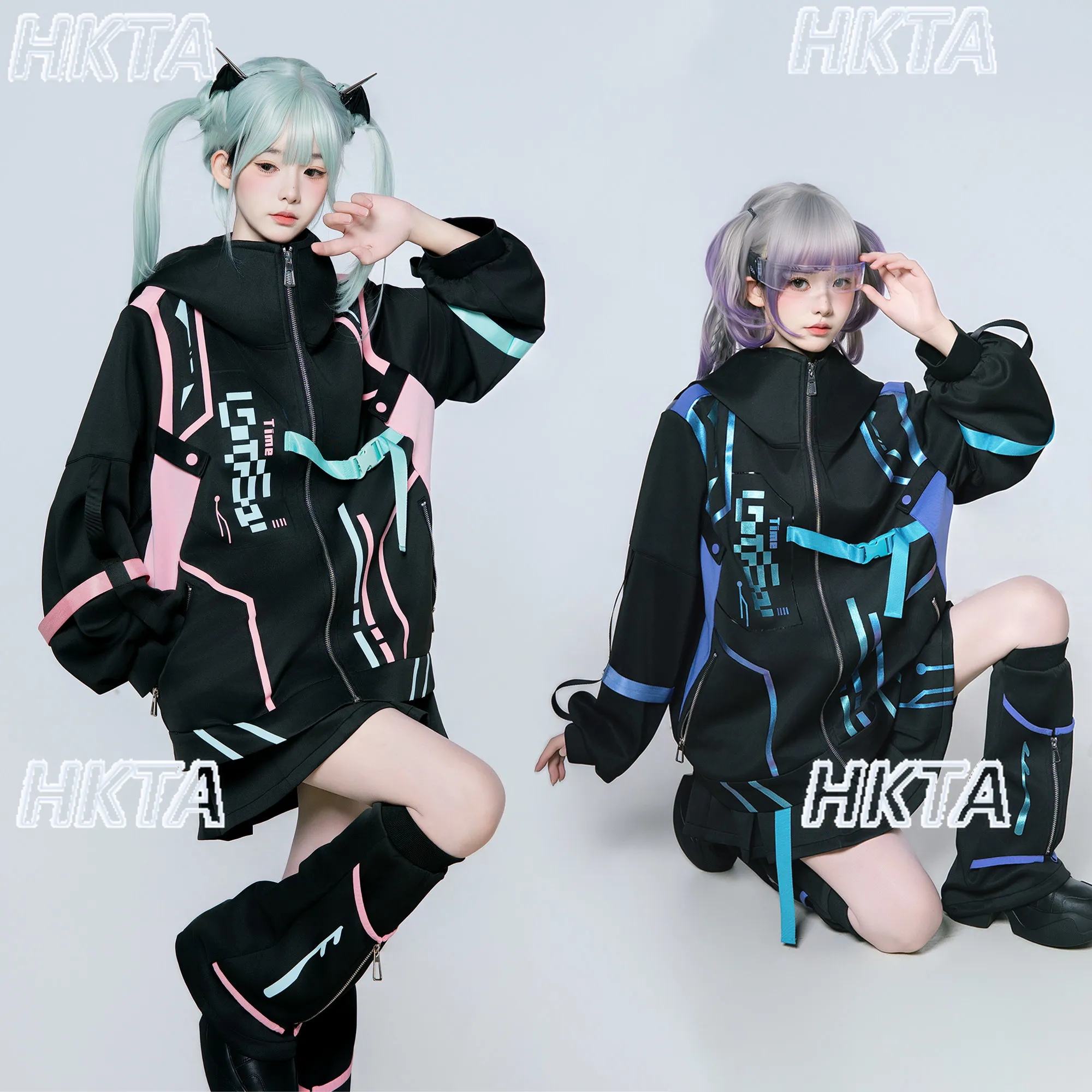 

Sweet Cool Spring Stand Up Collar Long Sleeve Function Hoodies Two Dimensional Loose Cosplay Jacket Sports Skirt Sets Women