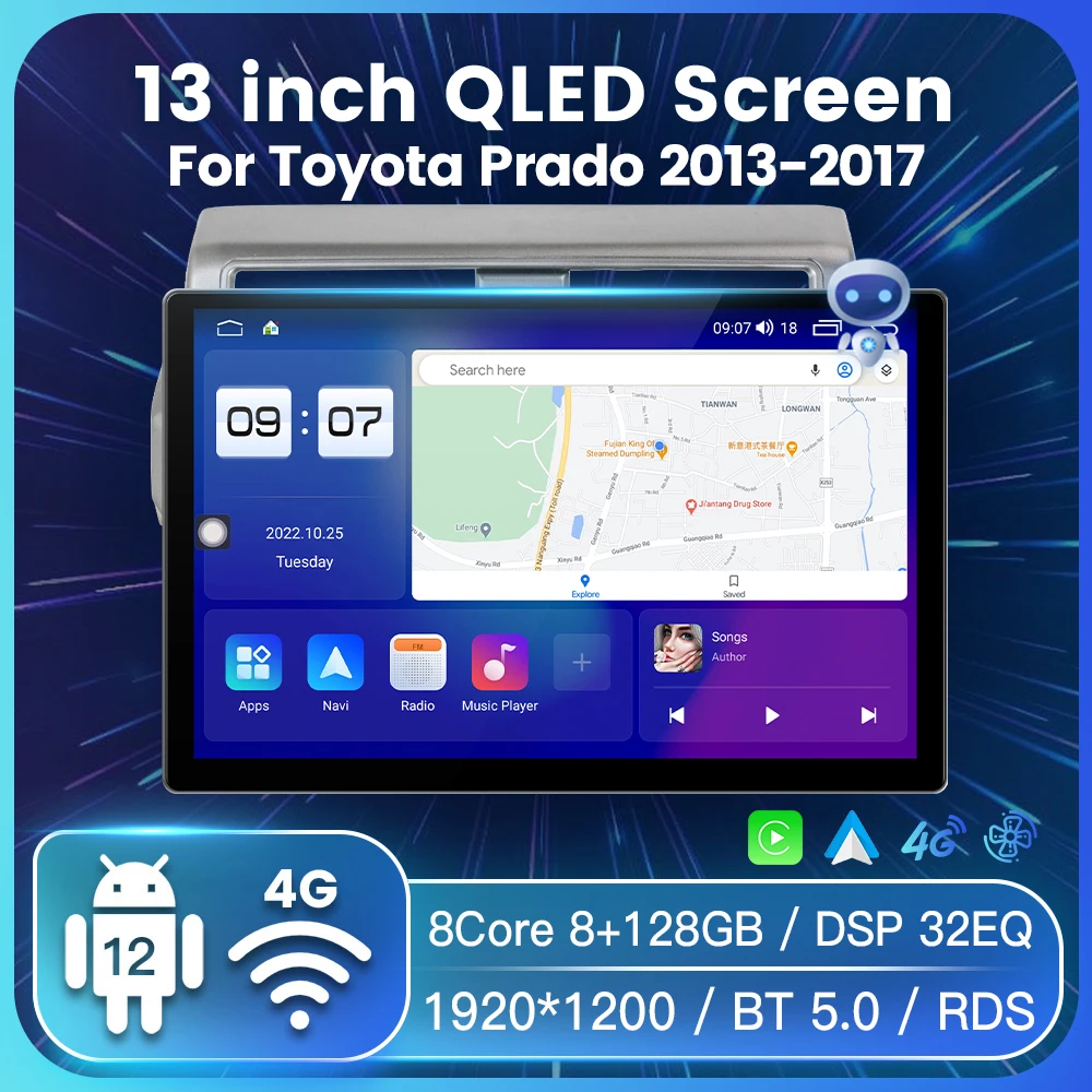 

Большой QLED-экран 13 дюймов для Toyota Prado 2013, 2014, 2015, 2016, 2017, GPS-навигация, Wi-Fi, DSP36EQ, AI, голосовое управление, беспроводной Carplay