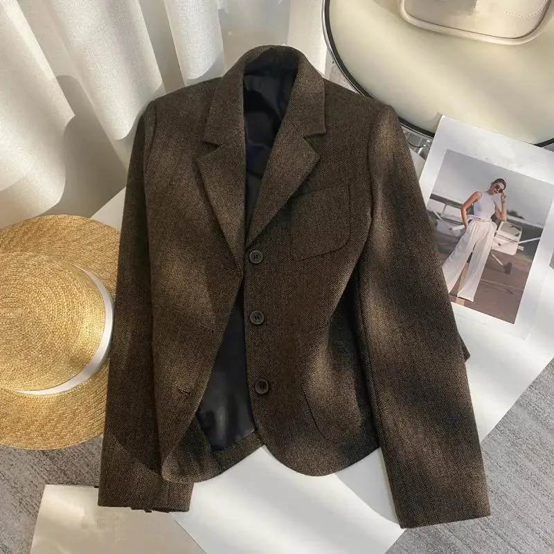 

New Brown Herringbone Woolen Blazer Women Spring Autumn Single-breasted Short Suit Jacket Ladies Office Blazers Female Outerwear