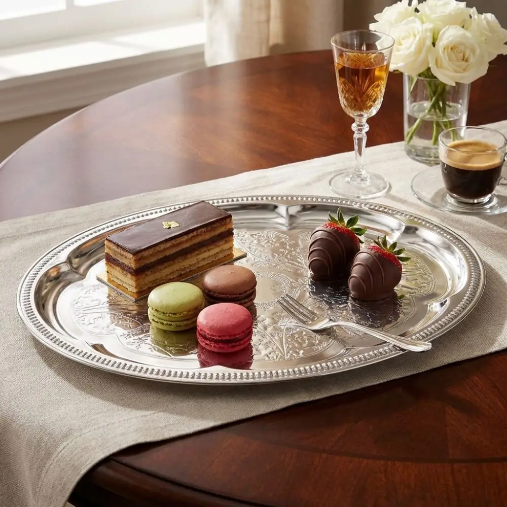New Embossed Cake Tray Stainless Steel Oval Dessert Plate Photo Props Large Size Serving Tray Home Decoration