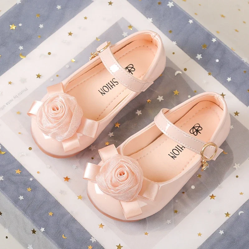 2025 Autumn New Kids Princess Shoes with Sweet Flower Girls Leather Shoes Black Glossy Versatile Children Dance Shoes Size 21-36