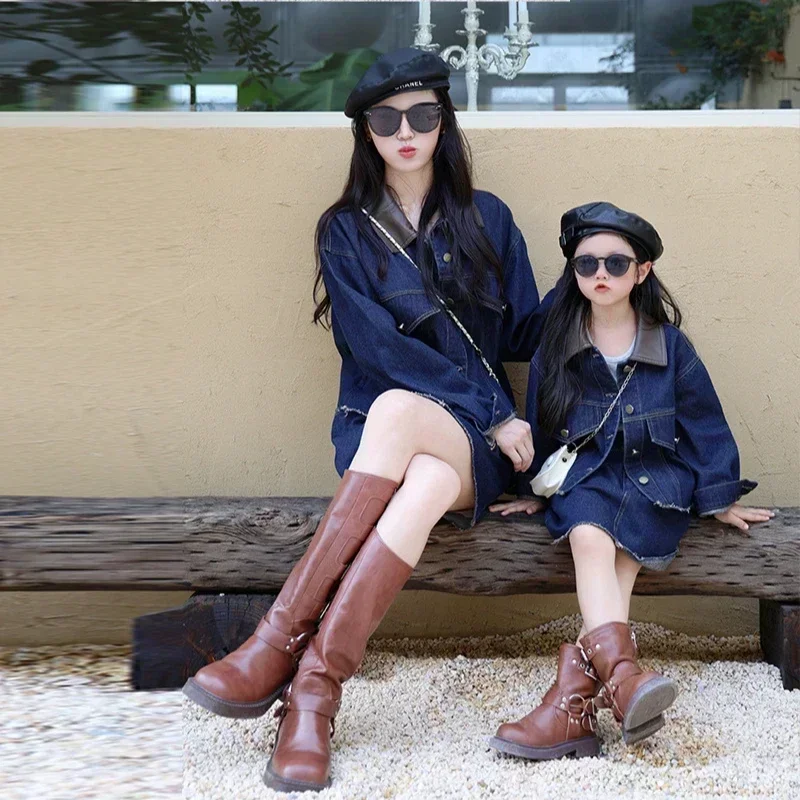 2024 Fashion Korean Mummy and Me Jacket Skirts Mom and Baby Girls Matching Denim Clothes Sets Mother Daughter Two Piece Outfits