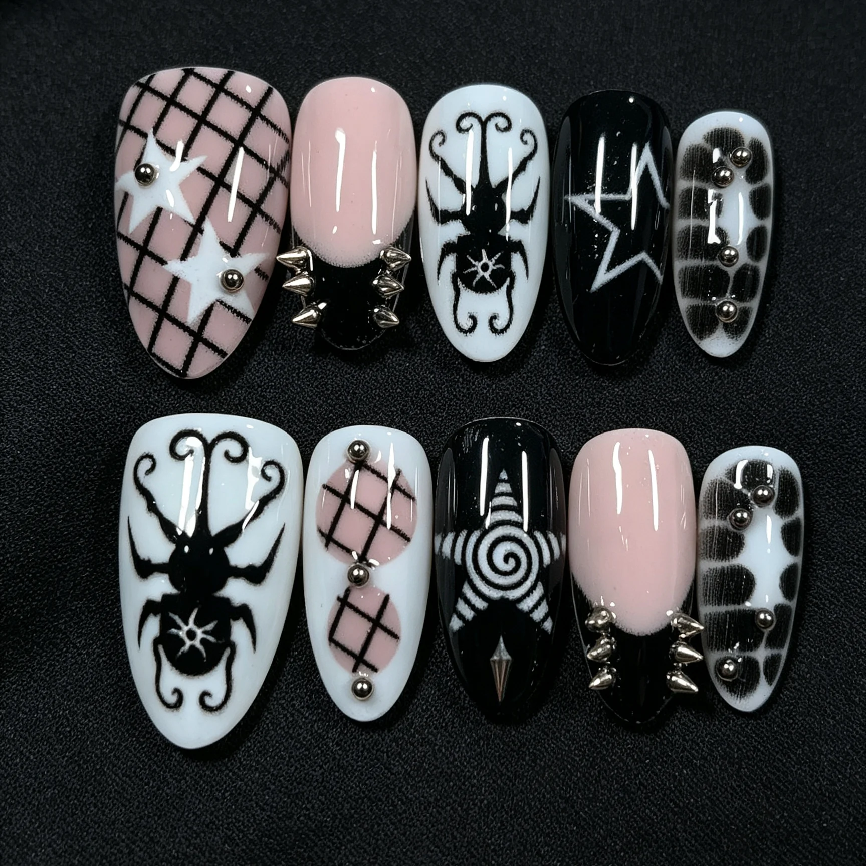 10 Stück handgepresste, mandelförmige Kunstnägel, wunderschöne künstliche Nägel, gruselige Halloween-Spinnen, geeignet für den Gebrauch von Frauen. – Detail 2