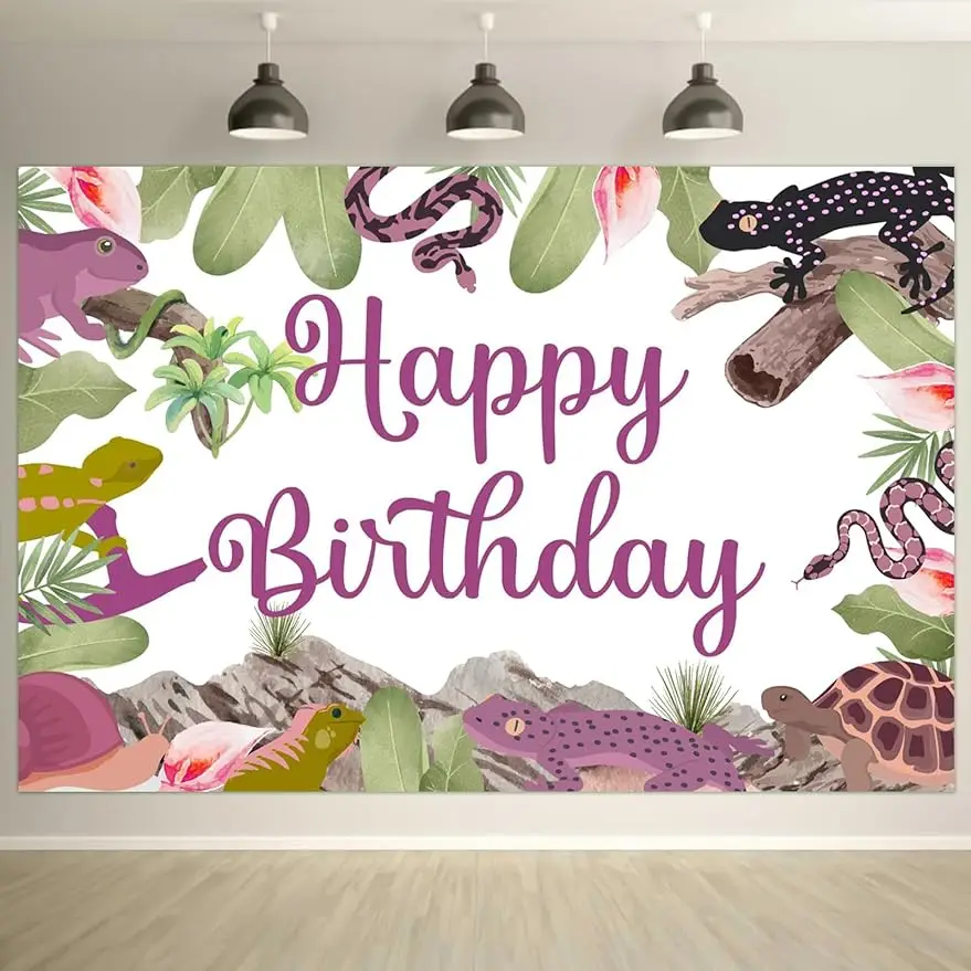 

Reptile Swamp Birthday Backdrop Jungle Wild Animal Banner Summer Tropical Rainforest Happy Birthday Backdrop Lizard Decor