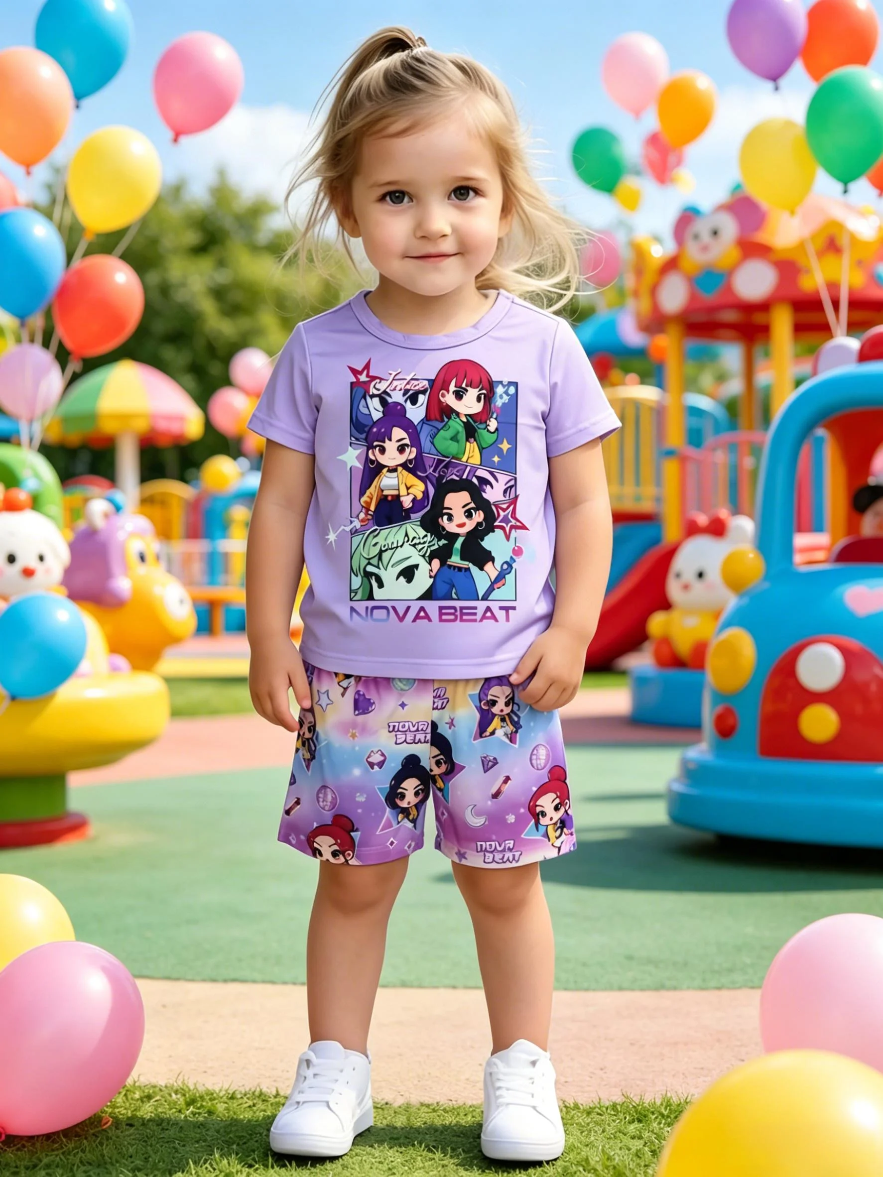Sweet Cool Style Cartoon Character Gradient All Over Print Girls Short Sleeve Shorts Set New Arrival